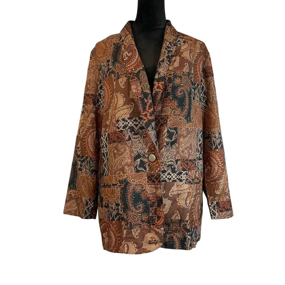 Vintage Patchwork Paisley Blazer Brown Earth Tone Boho Jacket Women's Large